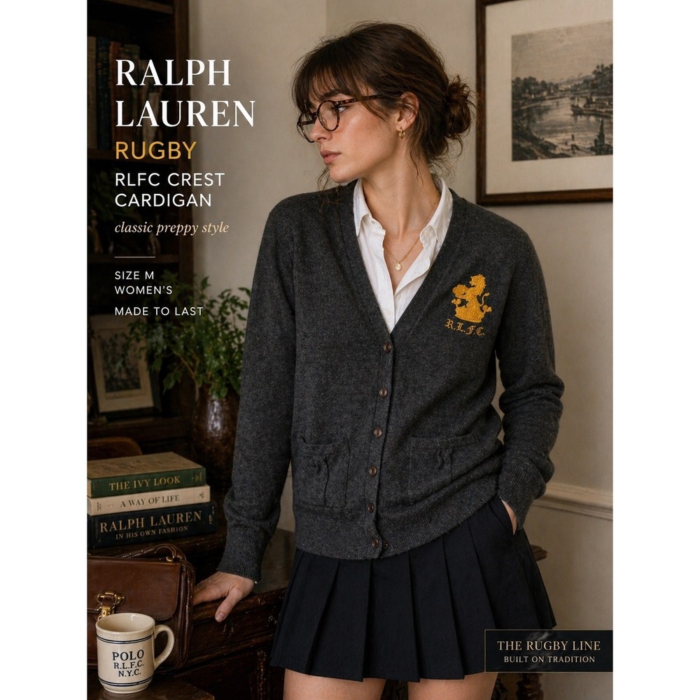 Ralph Lauren Rugby Womens M Charcoal Grey 100% Merino Wool RLFC Crest Cardigan